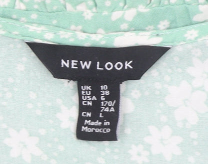 New Look Women Green Floral V-Neck Puff Sleeve Peplum Blouse Size 10