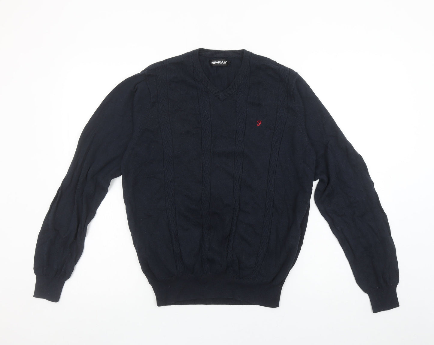 Farah Men’s Blue Cotton V-Neck Cable-Knit Jumper M