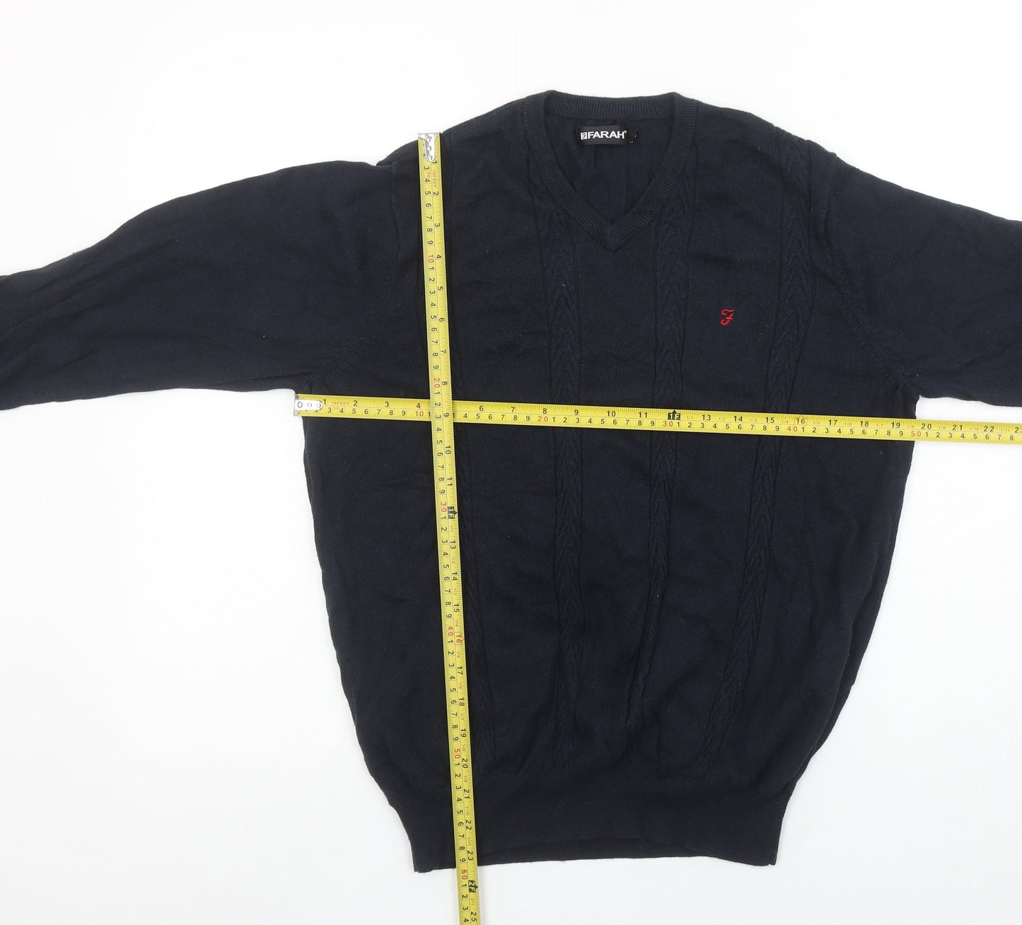 Farah Men’s Blue Cotton V-Neck Cable-Knit Jumper M