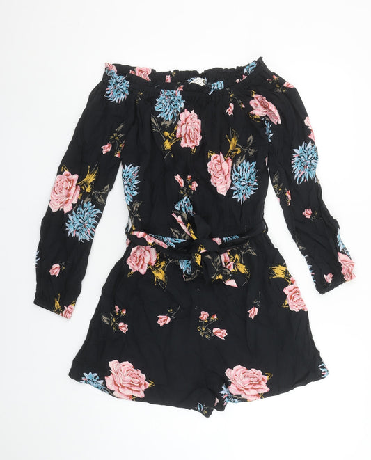 Miss Selfridge Women's Black Floral Off Shoulder Playsuit Size 8