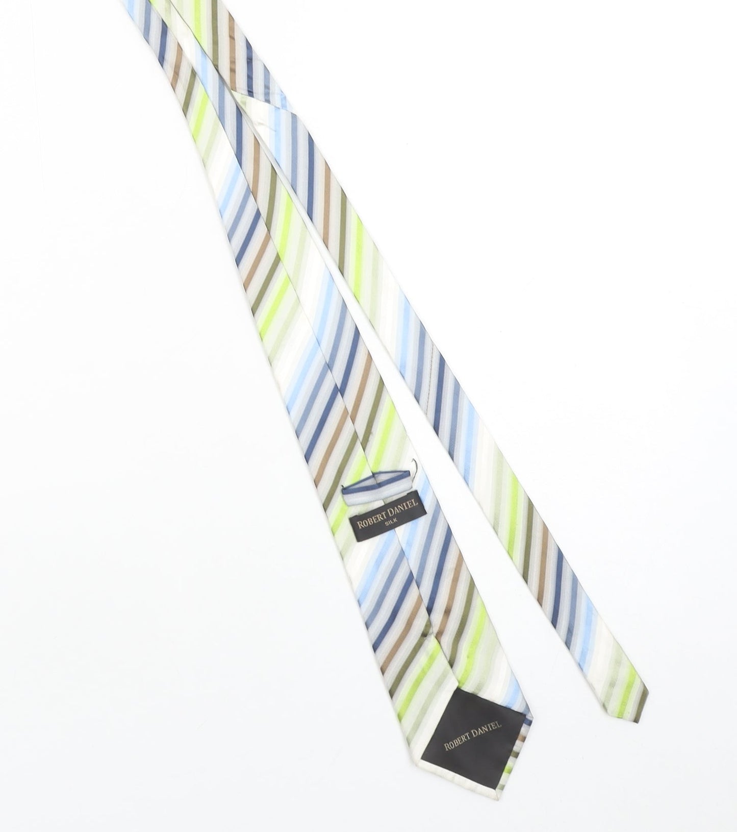 Robert Daniel Mens Blue Green Beige Striped Handmade 100% Silk Tie