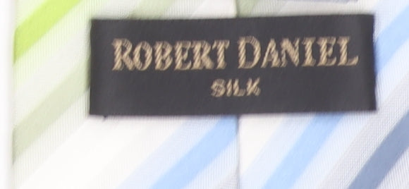 Robert Daniel Mens Blue Green Beige Striped Handmade 100% Silk Tie