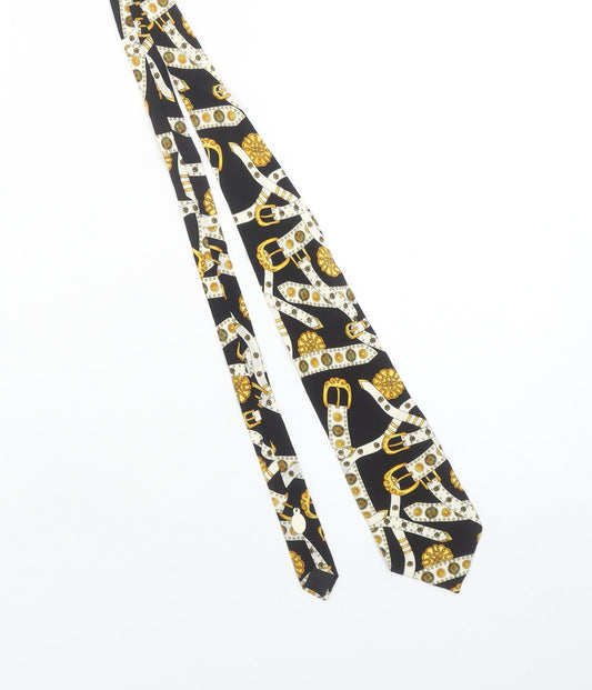 La Valière Paris Men's Black Gold Patterned Silk Tie 176cm