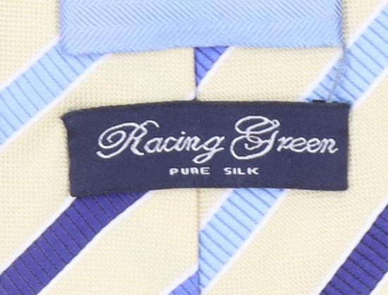 Racing Green Men's Beige and Blue Striped Pure Silk Tie One Size