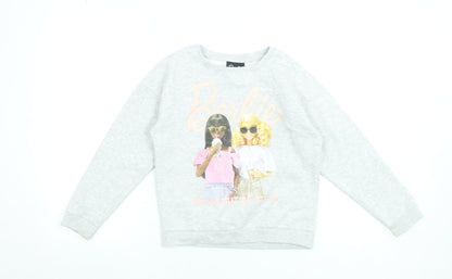 Barbie Girls Grey Pullover Sweatshirt 10 Years Graphic Print Cotton Blend
