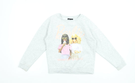 Barbie Girls Grey Pullover Sweatshirt 10 Years Graphic Print Cotton Blend