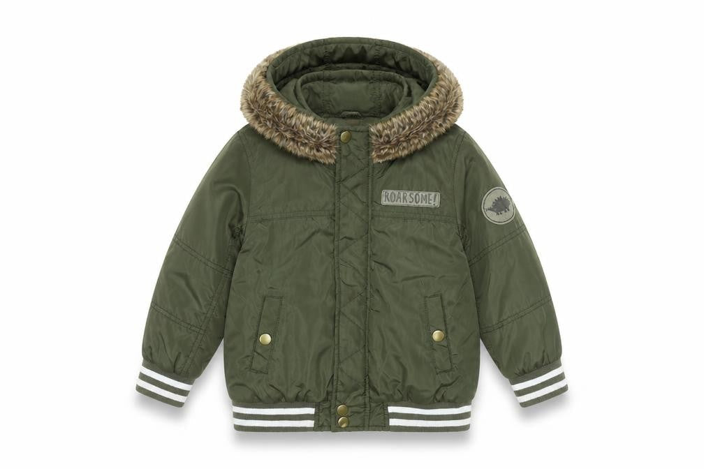 Front view of Mothercare boys’ green 3-4 years hooded faux fur puffer jacket
