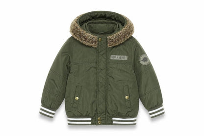 Front view of Mothercare boys’ green 3-4 years hooded faux fur puffer jacket