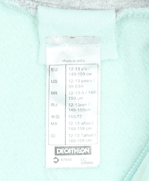 Decathlon Teens Mint Green Full Zip Hoodie 12-13 Years Cotton Blend