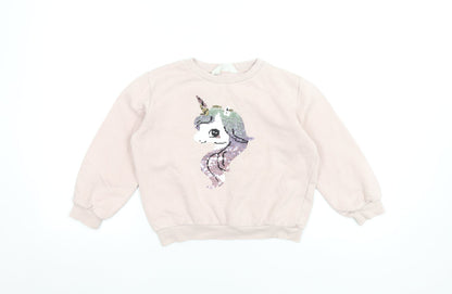 H&M Girls Pink Unicorn Sequin Pullover Sweatshirt 7-8 Years