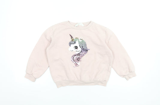 H&M Girls Pink Unicorn Sequin Pullover Sweatshirt 7-8 Years