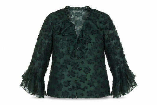 Front view of Gallery Women’s Green Floral Chiffon Ruffle Blouse, size UK 12