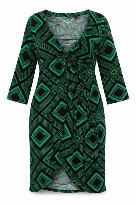 Front view of Roman Women Green Geometric Wrap Dress, size 16, Viscose Jersey