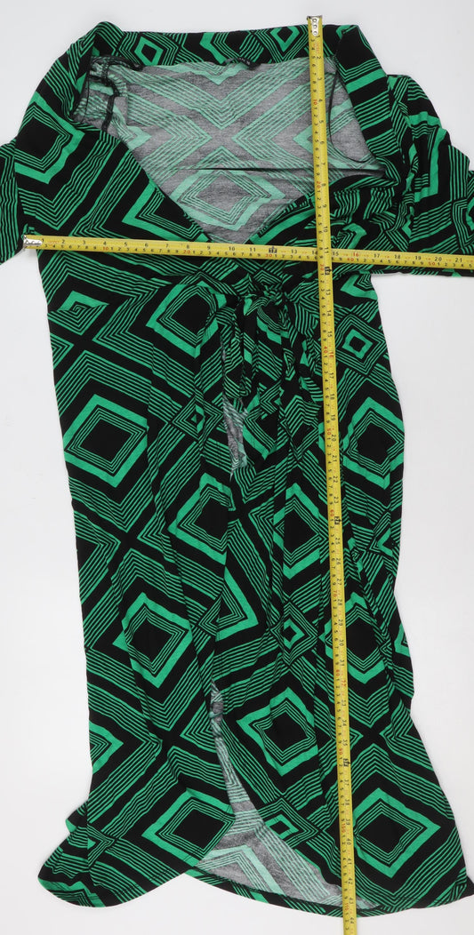Roman Women Green Geometric Wrap Dress Size 16 Viscose Jersey