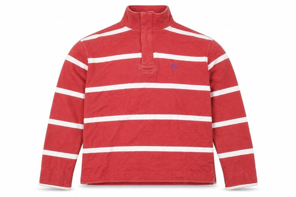 Front view of Crew Clothing Men's Red Striped Long Sleeve Rugby Sweatshirt M