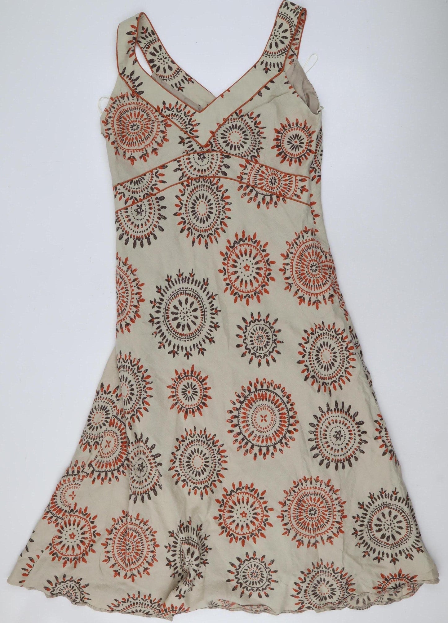 Kaliko Women Beige Geometric A-Line Linen Blend Sleeveless Dress Size 18