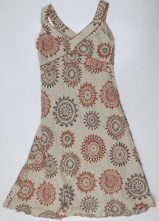 Kaliko Women Beige Geometric A-Line Linen Blend Sleeveless Dress Size 18