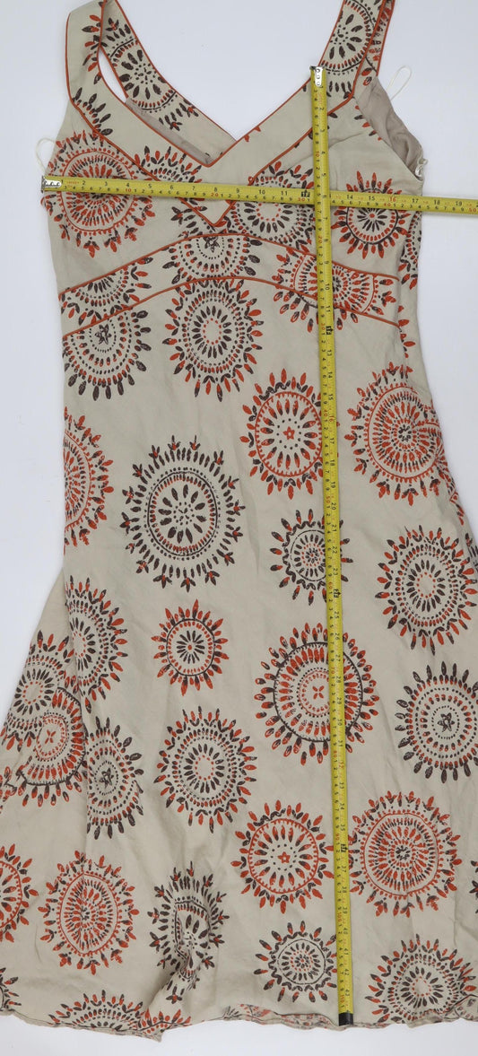 Kaliko Women Beige Geometric A-Line Linen Blend Sleeveless Dress Size 18