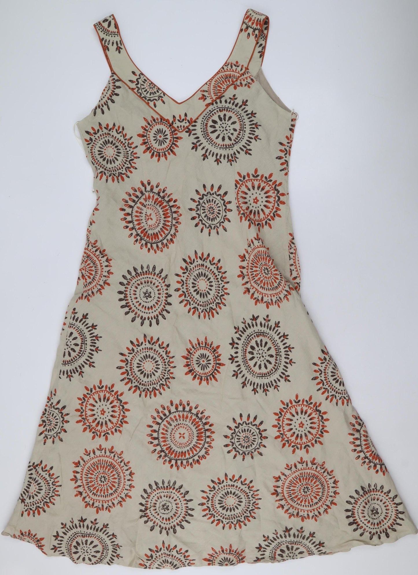 Kaliko Women Beige Geometric A-Line Linen Blend Sleeveless Dress Size 18