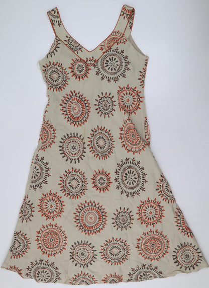 Kaliko Women Beige Geometric A-Line Linen Blend Sleeveless Dress Size 18