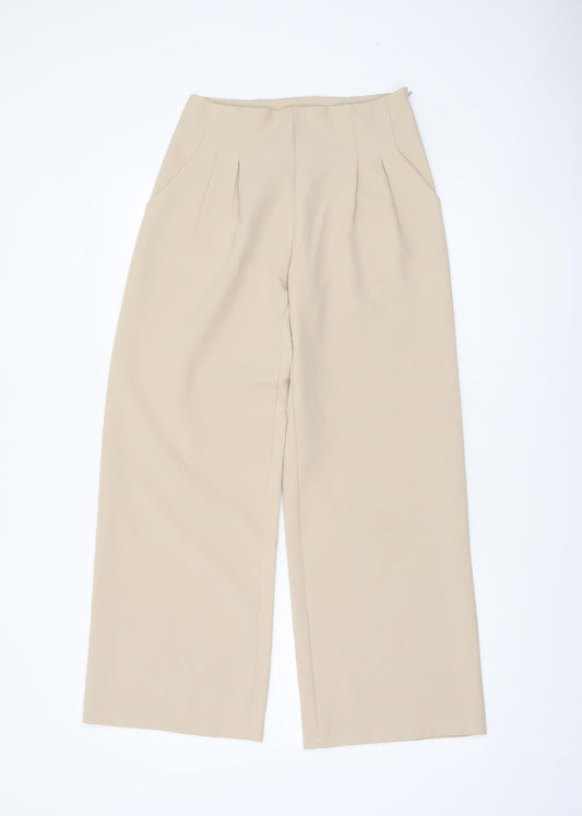 Boohoo Women’s Beige Wide-Leg High-Rise Trousers UK 6 Polyester Blend