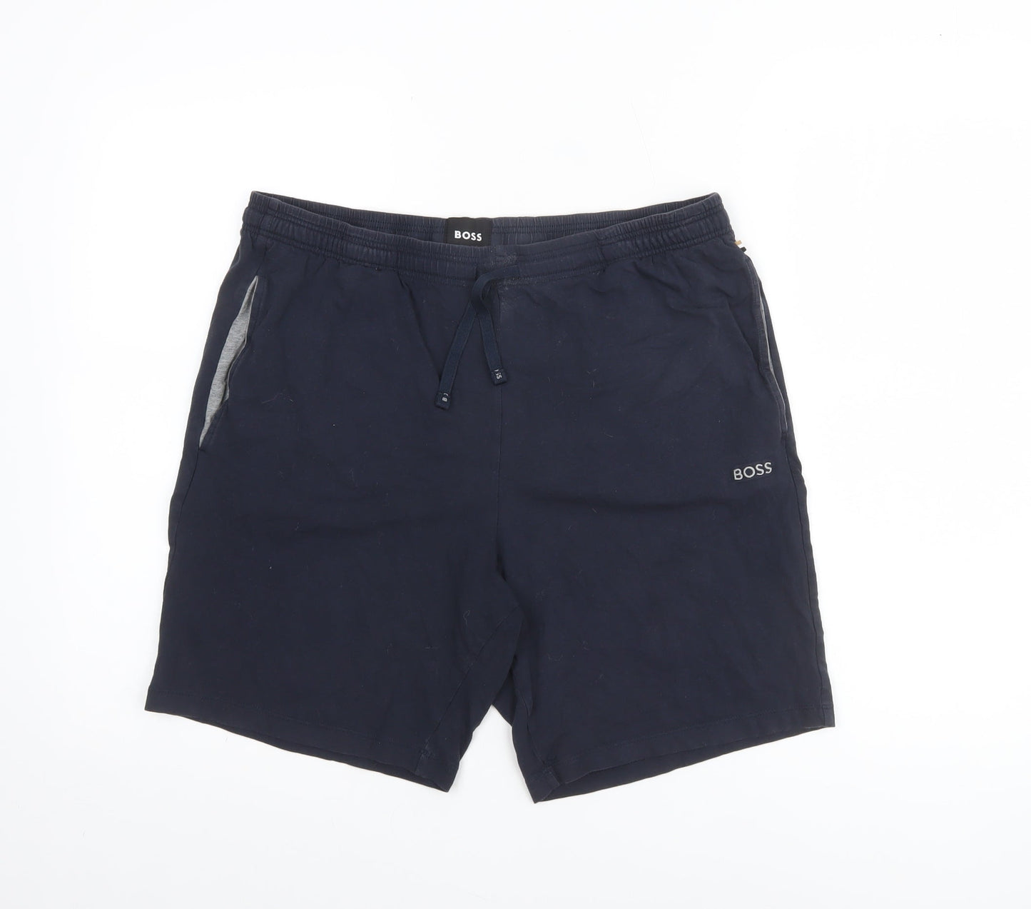BOSS Men's Navy Blue Cotton Blend Sweat Shorts L Drawstring Waist