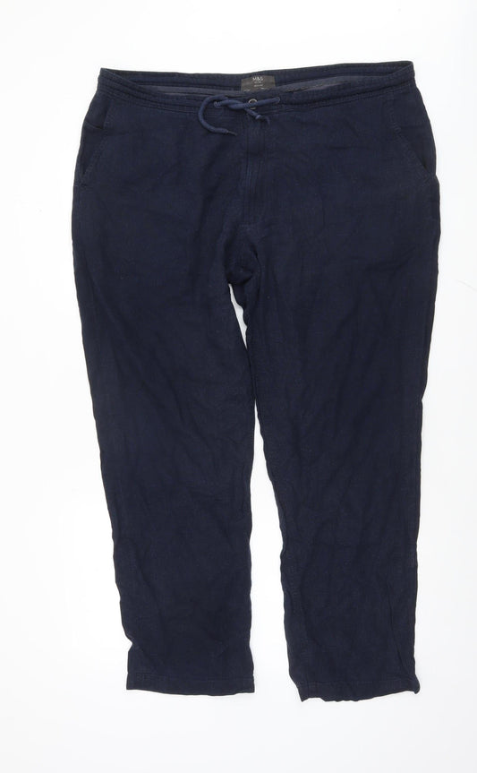 Marks and Spencer Men's Navy Regular Linen Blend Drawstring Trousers 42W 31L