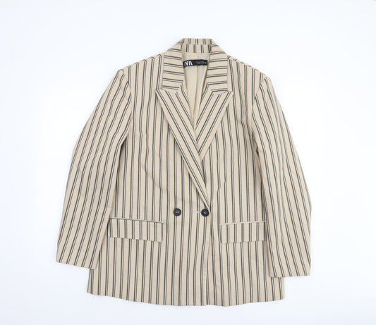 Zara Women Beige Striped Double-Breasted Blazer Medium
