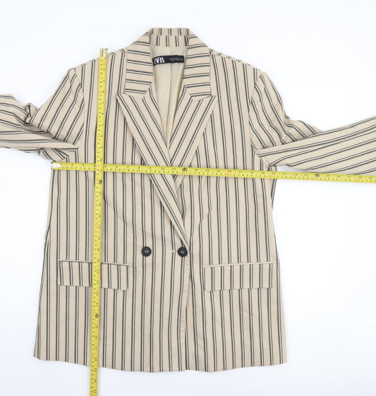 Zara Women Beige Striped Double-Breasted Blazer Medium