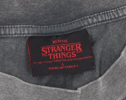 Stranger Things Men’s Grey Eddie Munson Band T-Shirt L Graphic Cotton