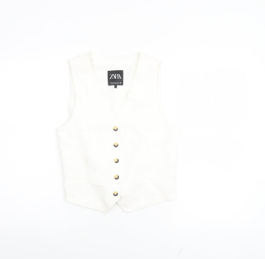 Zara Womens White XS Tuxedo Suit Waistcoat Viscose Cotton Linen Blend