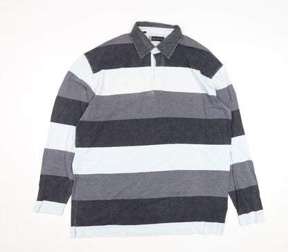Daniel Hechter Men's Blue Striped Long Sleeve Cotton Rugby Shirt M
