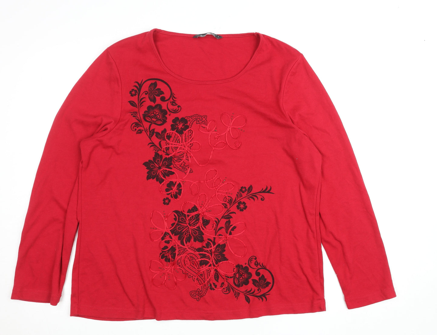 Bonmarché Women's Red Floral Embroidered Long Sleeve Cotton T-Shirt Size L