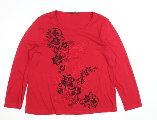 Bonmarché Women's Red Floral Embroidered Long Sleeve Cotton T-Shirt Size L