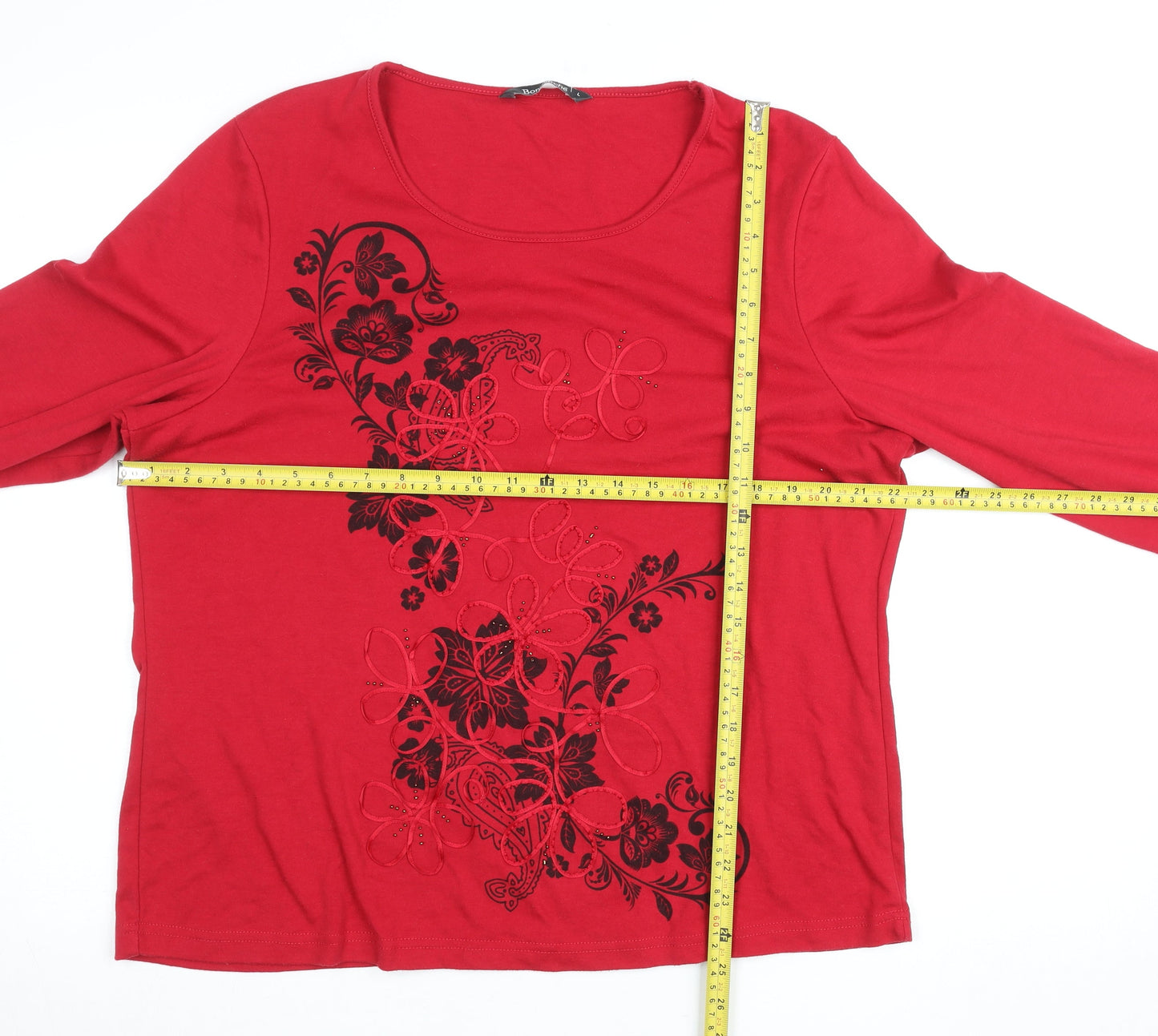 Bonmarché Women's Red Floral Embroidered Long Sleeve Cotton T-Shirt Size L