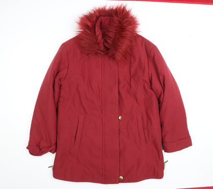 Damart Women Red Faux Fur Trim Mid-Length Parka Coat Size 16