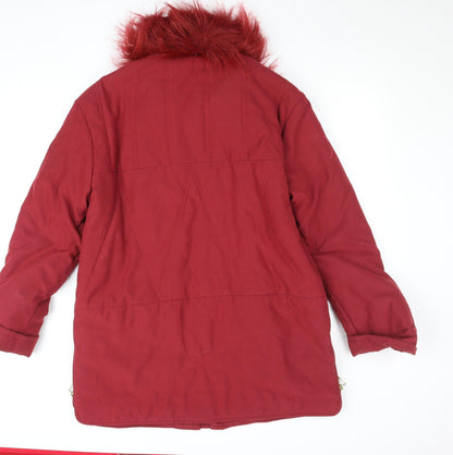 Damart Women Red Faux Fur Trim Mid-Length Parka Coat Size 16