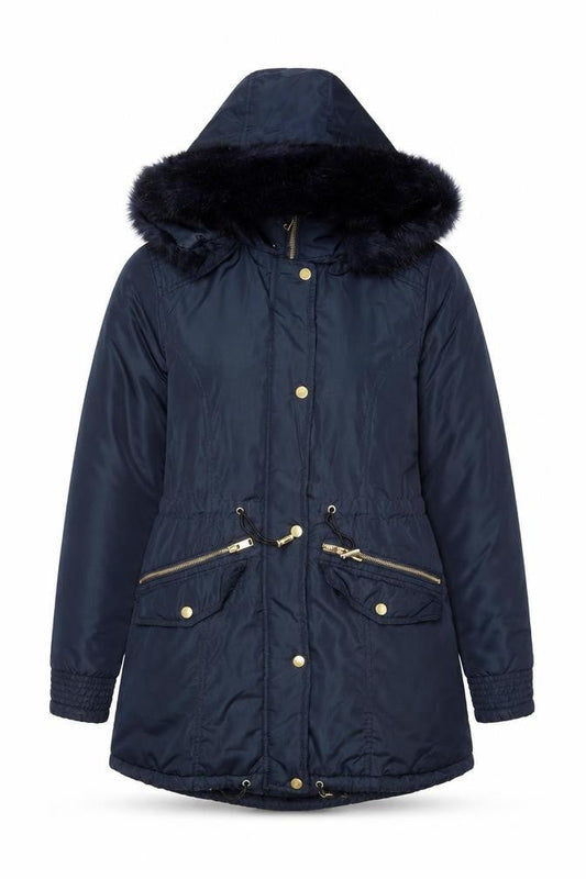 Front view of M&Co unisex blue faux fur trim hooded parka coat, size 10