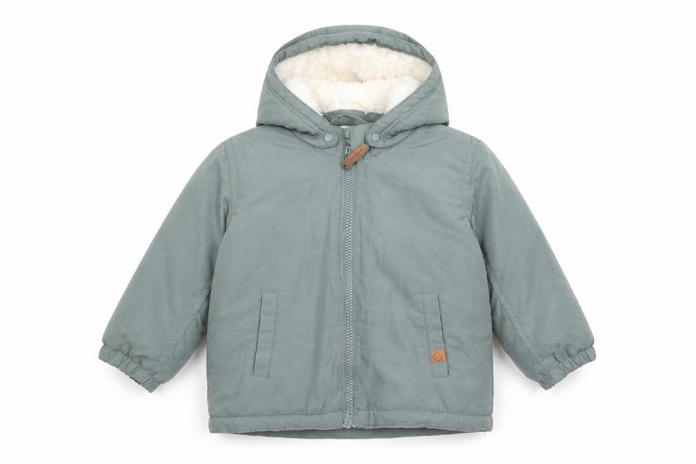 Front view of H&M unisex baby green hooded parka coat 18 months lined winter jacket