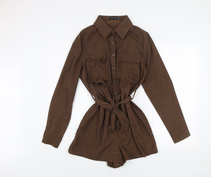 PrettyLittleThing Women Brown Long Sleeve Belted Playsuit Size 10