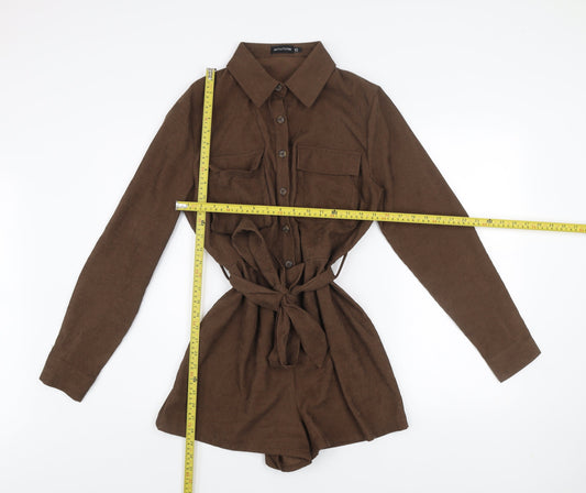 PrettyLittleThing Women Brown Long Sleeve Belted Playsuit Size 10