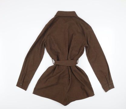 PrettyLittleThing Women Brown Long Sleeve Belted Playsuit Size 10
