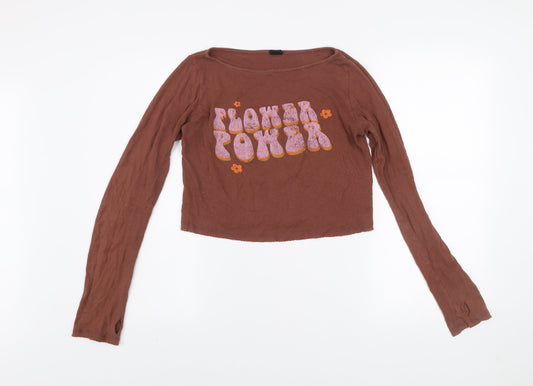 Bershka Womens Brown Flower Power Cropped Long Sleeve T-Shirt Size S