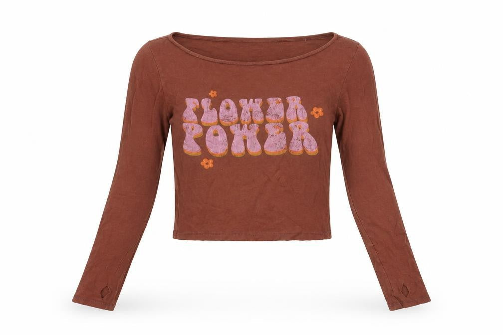 Womens UK Size S Bershka Brown Cropped T-Shirt