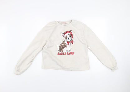 Lipsy Girls Ivory Christmas Dog Sequin Santa Paws Pullover Sweatshirt 13-14Y