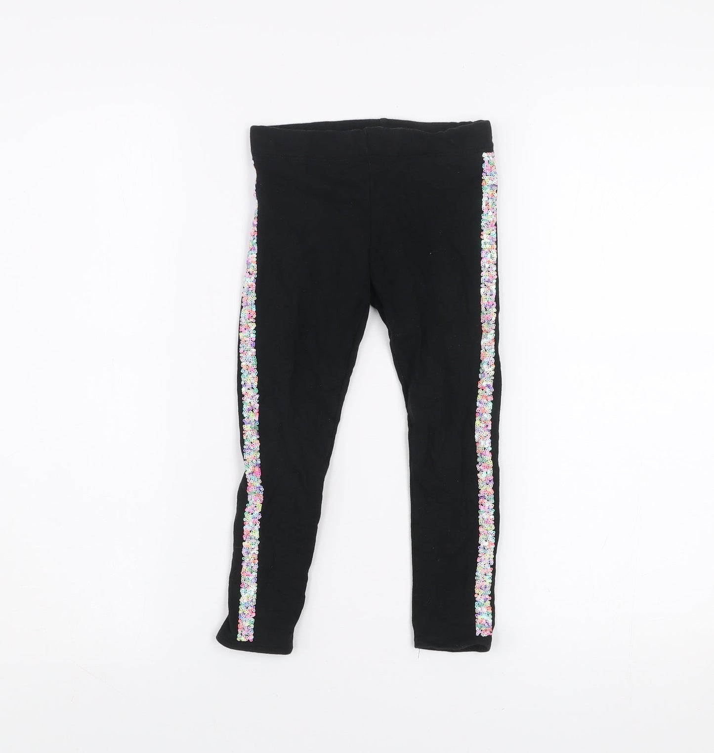 H&M Girls Black Floral Side Stripe Cotton Stretch Ankle Leggings 4 Years
