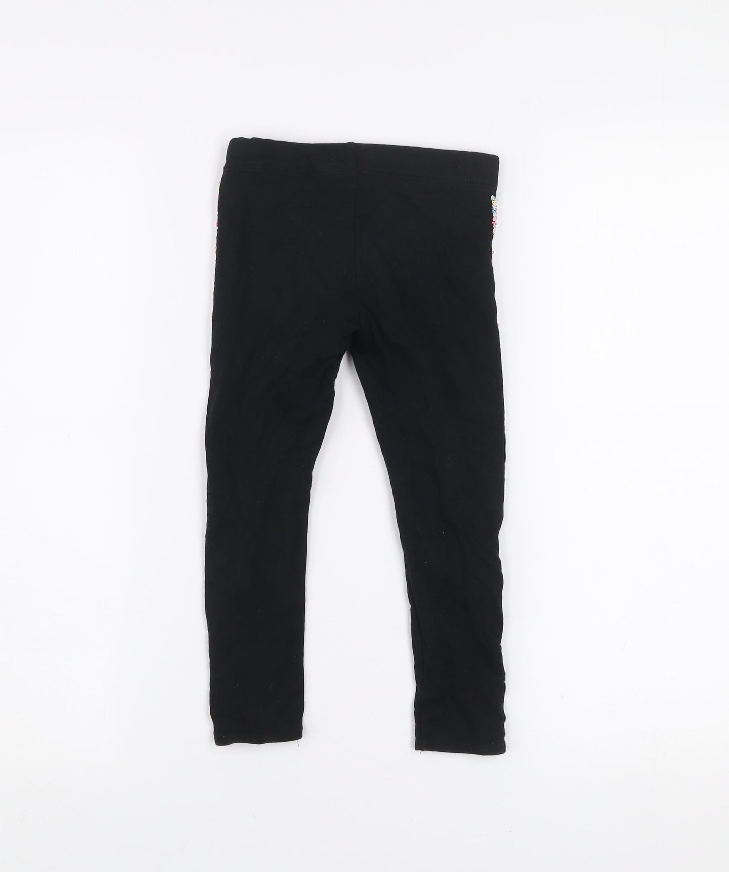 H&M Girls Black Floral Side Stripe Cotton Stretch Ankle Leggings 4 Years