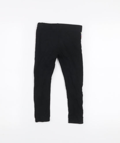 H&M Girls Black Floral Side Stripe Cotton Stretch Ankle Leggings 4 Years