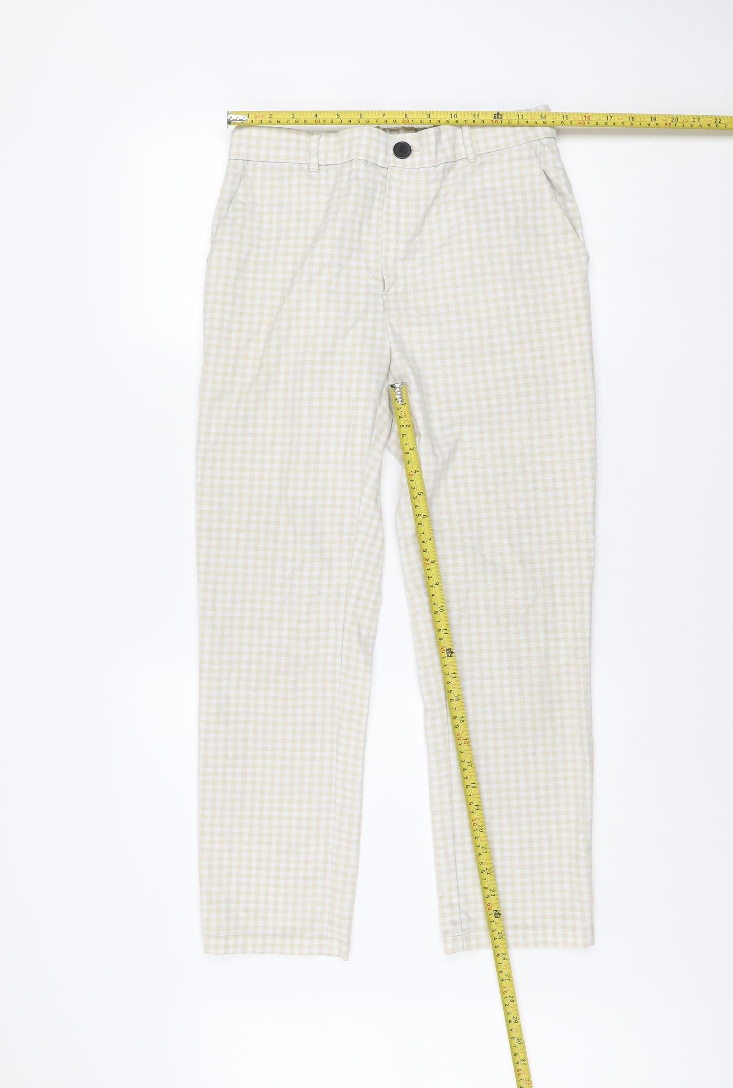 boohooMAN Men's Beige Check Slim Fit Chino Trousers Size 32