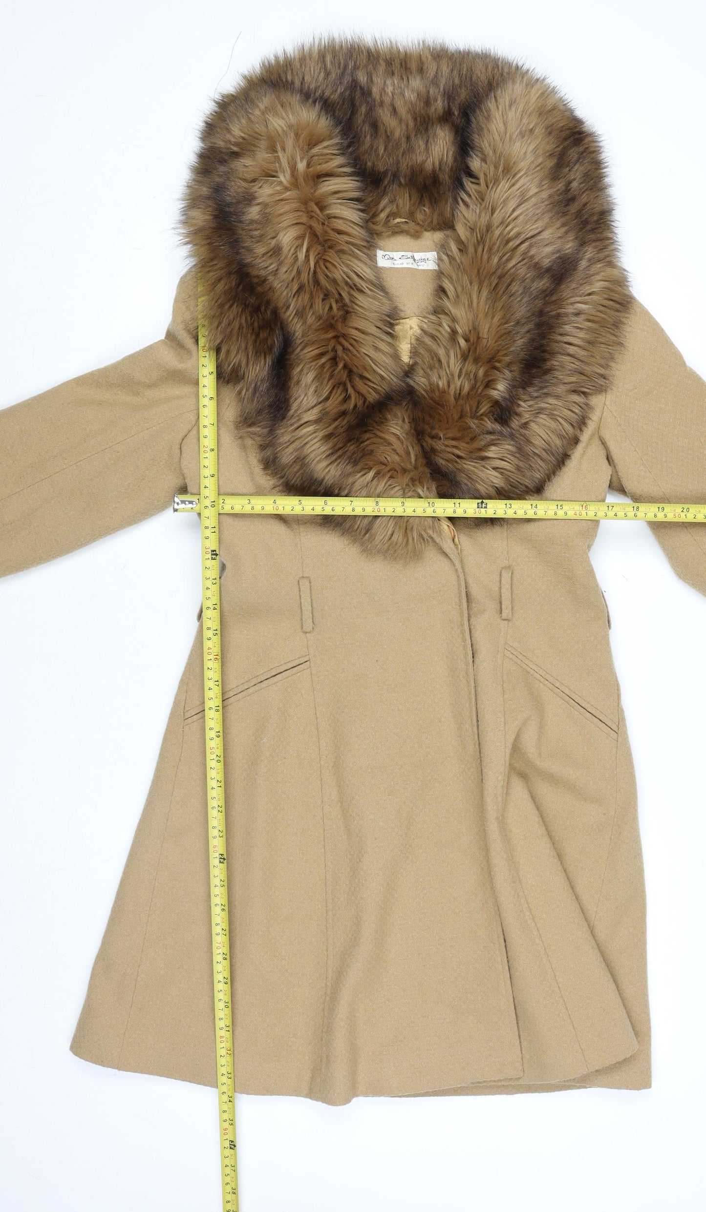 Miss Selfridge Women’s Beige Faux Fur Collar Wool Blend Coat UK 12
